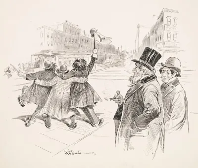 Three Drunken Yalies Wave Down The Street As Elder Man And Grinning Young Man Look On