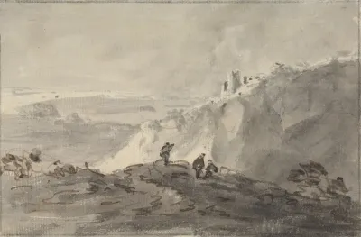 Three Figures In A Hilly Landscape With Ruins Beyond