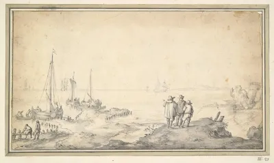 Three Figures On A Dune Overlooking Bay With Ships
