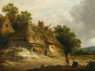 Three Figures Passing Along A Road Before A Cottage Two Figures Passing Along A Road Before A Cottage