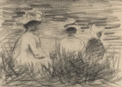 Three Figures Seated In A Meadow Seen From The Back
