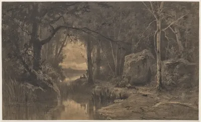Three Fishermen Along The Banks Of A River At The Edge Of A Forest