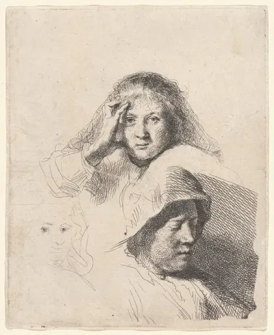 Three Heads Of Women One Lightly Etched