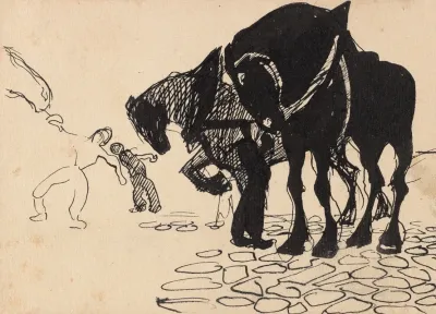 Three Horses Tended By Men