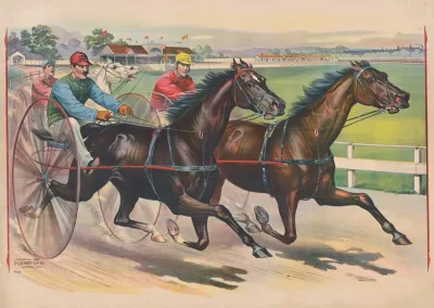 Three Horses With Jockeys Running A Harness Race