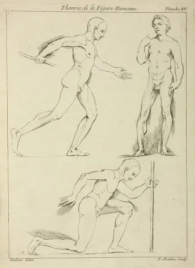 Three Male Figures One Striding And One Kneeling