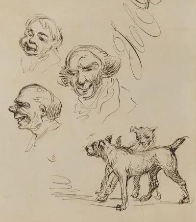 Three Male Heads And Two Dogs