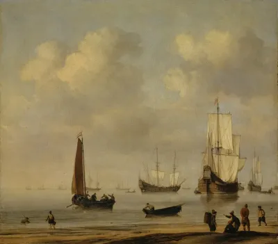 Three Masted Ships And Fishing Boats In A Calm