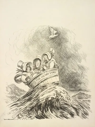 Three Men Dressed As Women With Bonnets Reading Faith Hope And Charity Ride On A Stormy Sea In A Washtub Labeled The Henry Ford
