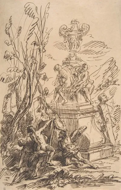 Three Men In A Landscape Near Sculptures