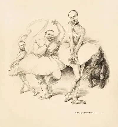 Three Men In Ballerina Costumes Including William Howard Taft Dance For The Republican Party Elephant For The Presidential Nomination