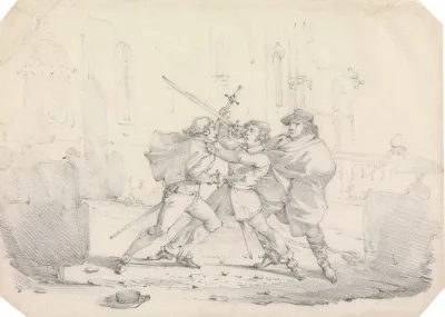 Three Men In Seventeenth Century Dress In A Street Sword Fight Central Man Run Through
