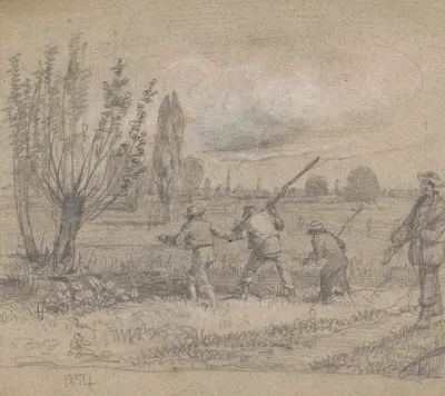 Three Men Standing At The Edge Of A Pond