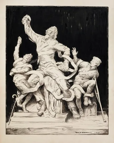 Three Men Two Of Them Wounded Soldiers And One Of Them An Older Man Possibly Uncle Sam Struggle Against Ropes