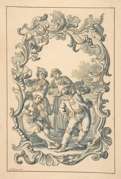 Three Musicians And Harlequin In An Ornamental Frame