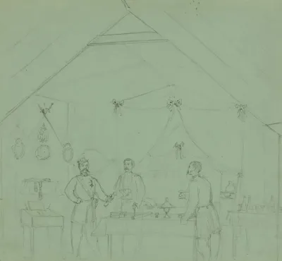Three Officers Talking Inside A Tent