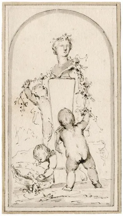 Three Putti Adorning A Herm Of Flora