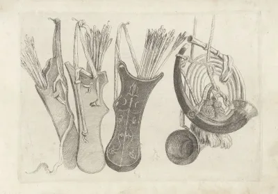 Three Quivers With Arrows And Straps Hanging From Nails At Left Two Hunting Horns At Right