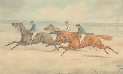 Three Racehorses With Jockeys Up Galloping In A Group To Left