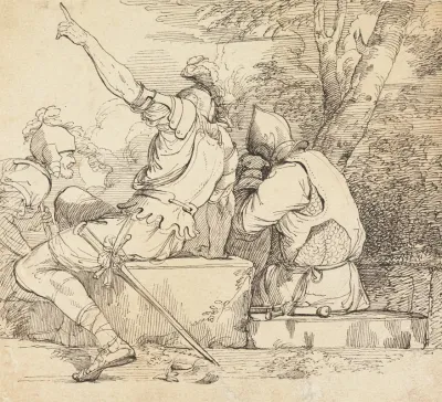 Three Soldiers In Armour Sitting On Stone Blocks