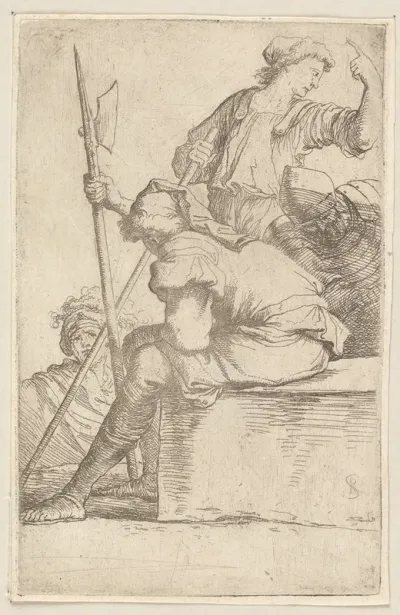 Three Soldiers One Seated On A Square Block Of Stone 2