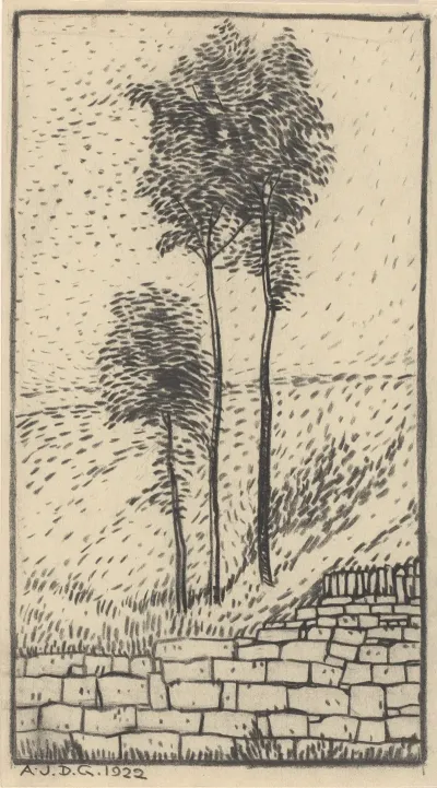 Three Trees Near A Stone Wall