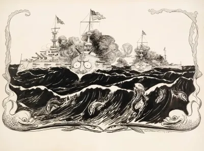 Three U S War Ships Traveling Through Rough Waters