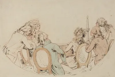 Three Women And Four Men In Opera Box Watching Performance Viewed From Behind