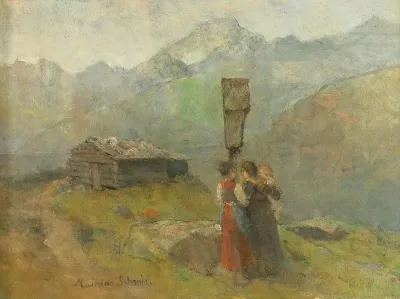 Three Women At The Wayside Shrine In The High Mountains