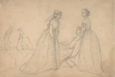 Three Women In Conversation Beside A Croquet Field