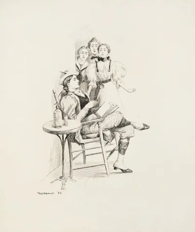 Three Women In Dresses Look Shocked At Another Woman Who Is Reading Wearing A Suit Smoking And Drinking
