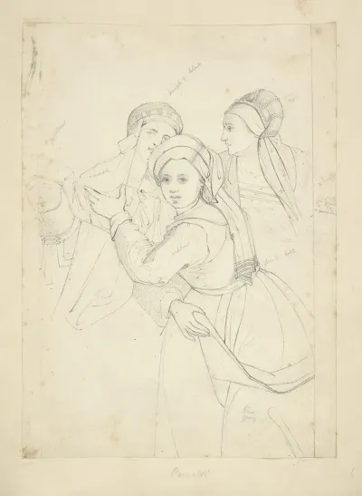 Three Women In Hats With Trains Viewed Half Length A Fourth Figure Partially Sketched