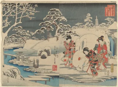 Three Women Making A Snow Rabbit In A Garden