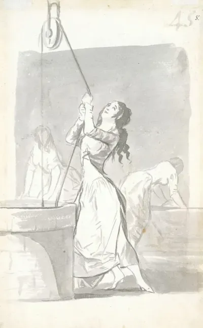 Three Women One In The Foreground Drawing Water From A Well Two In The Background Washing