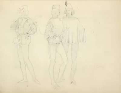 Three Young Men In Tights And Caps Wearing A Smock Jacket And Cape