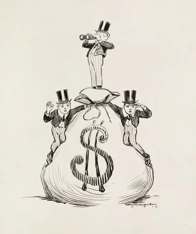 Three Young Men In Top Hats Stand On Top Of A Large Bag Of Money Looking For Something In The Distance
