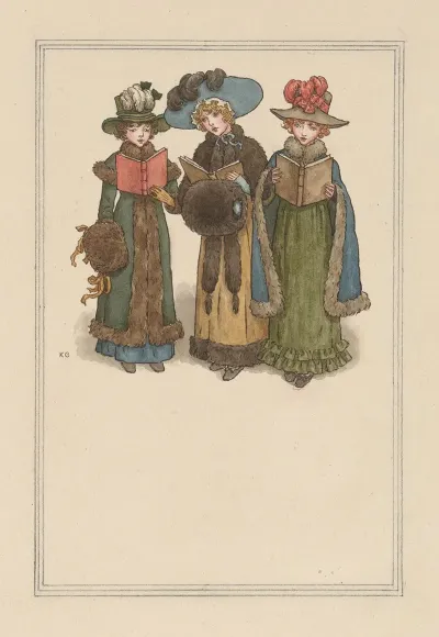 Three Young Women In Victorian Attire Caroling