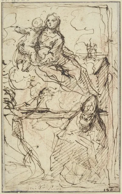 Thronende Madonna Vor Ihr Ein Heiliger Bischof Und Ein Weiterer Heiliger