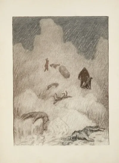 Through A Storm Two Figures Can Be Seen Clubbing Dogs Or Wolves The Bodies Of Four Others Lie On The Ground