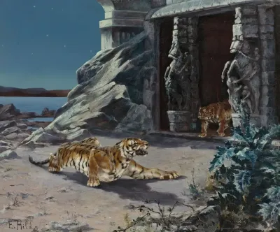 Tigers At A Temple Entrance