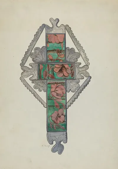 Tin And Painted Glass Cross Church Or Home Use