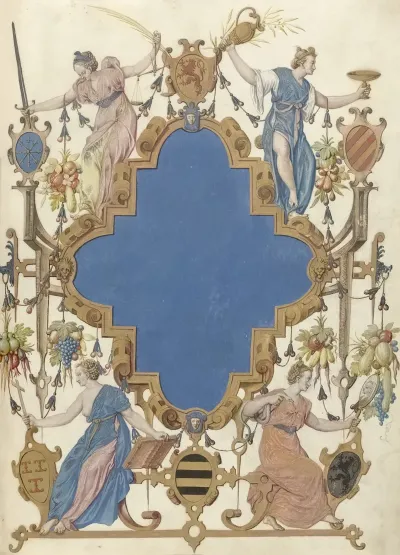 Titelblad Met Cartouche Omgeven Door Vier Allegorische Vrouwenfiguren