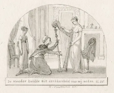 Titelblad Oudere Vrouw Knielt Bij Jonge Vrouw Met Harp