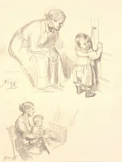 To Figurstudier Overst En Siddende Kvinde Som Iagttager Et Barn Ved En Dor Nederst En Kvinde Med Et Banr Ved Klaveret