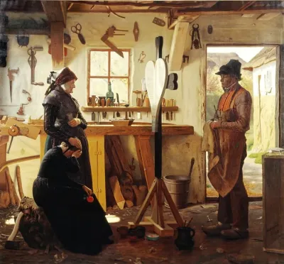 To Kvinder Besoger Landsbykunstneren For At Se Det Bestilte Gravkors