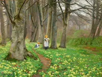 To Piger Plukker Blomster I Forarsskov