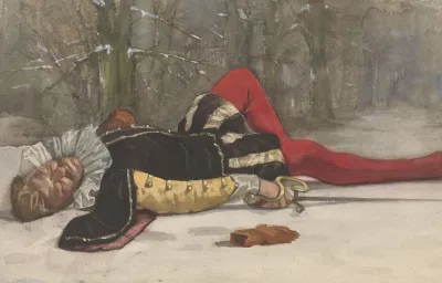 Toneelscene Met Getroffen Duellist In Een Boslaan