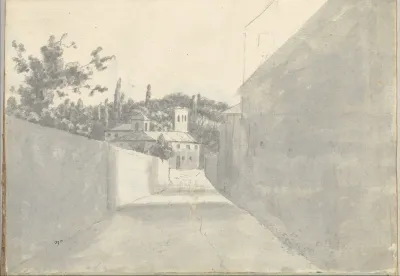 Townscape With A Walled Street And Distant Villa