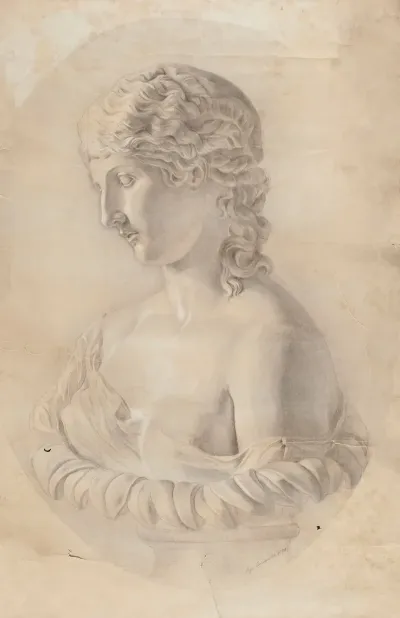 Tracing From A Copy Of An Antique Sculpture Featuring The Bust Of A Woman