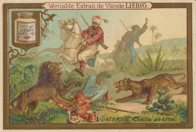 Trade Card For Veritable Extrait De Viande Liebig With Lion Chase In Africa
